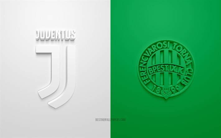 Juventus FC vs Ferencvaros, UEFA Champions League, Grupo G, logotipos 3D, fundo verde branco, Liga dos Campe&#245;es, partida de futebol, Juventus FC, Ferencvaros