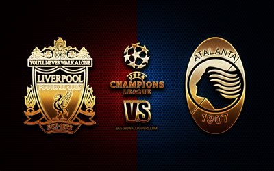 Liverpool vs Atalanta, sezon 2020-2021, D Grubu, UEFA Şampiyonlar Ligi, metal ızgara arka planlar, altın glitter logosu, Atalanta BC, Liverpool FC, UEFA