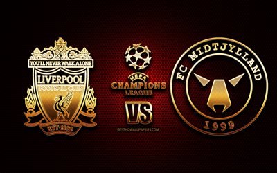 Liverpool vs Midtjylland, säsong 2020-2021, Grupp D, UEFA Champions League, metal grid bakgrunder, gyllene glitter logotyp, Liverpool FC, Midtjylland FC, UEFA