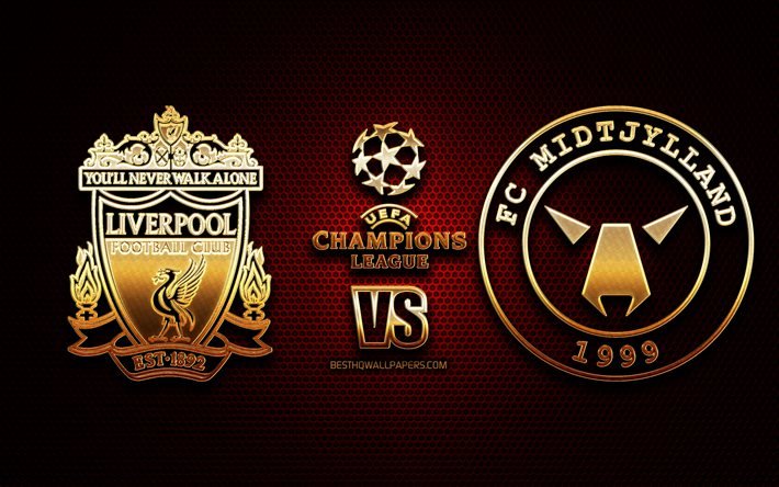 Liverpool vs Midtjylland, season 2020-2021, Group D, UEFA Champions League, metal grid backgrounds, golden glitter logo, Liverpool FC, Midtjylland FC, UEFA