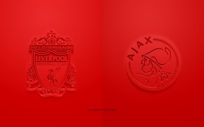 Liverpool FC vs Ajax Amsterdam, UEFA Champions League, Group D, 3D logos, red background, Champions League, football match, Liverpool FC, AFC Ajax