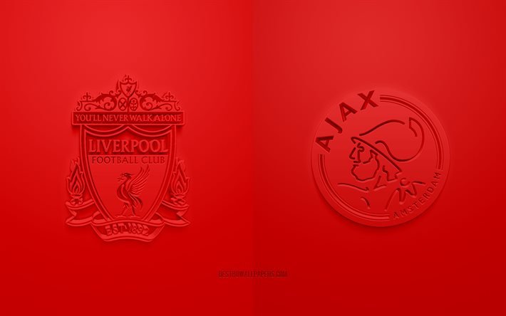 Liverpool FC vs Ajax Amsterdam, دوري أبطال أوروبا:, المجموعة D, شعارات ثلاثية الأبعاد, خلفية حمراء, دوري ابطال اوروبا, مباراة كرة القدم, مباراة كرة القدم الأمريكية, ليفربول, أياكس أمستردام