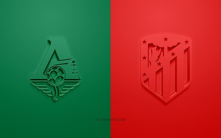 Lokomotiv Moscow vs Atletico Madrid, UEFA Champions League, Group D, 3D logos, green red background, Champions League, football match, FC Lokomotiv Moscow, Atletico Madrid