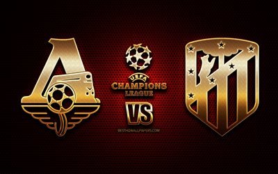 Lokomotiv Moscow vs Atletico Madrid, season 2020-2021, Group A, UEFA Champions League, metal grid backgrounds, golden glitter logo, Atletico Madrid FC, Lokomotiv Moscow FC, UEFA