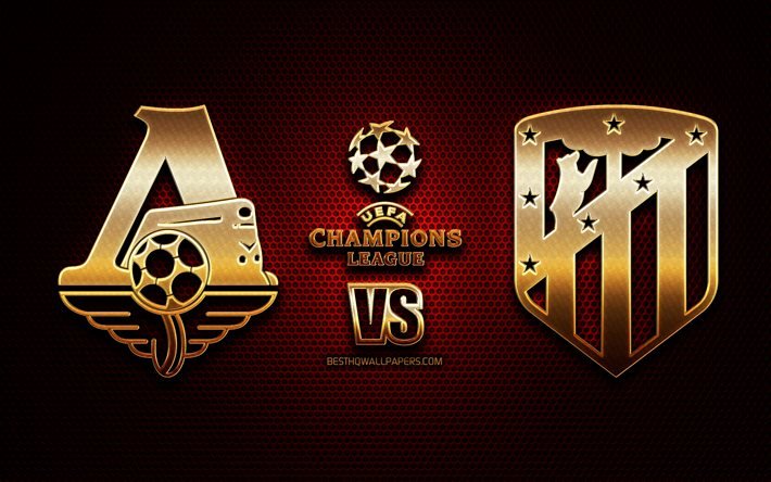 Lokomotiv Moscow vs Atletico Madrid, kausi 2020-2021, Ryhm&#228; A, UEFA Mestarien liiga, metalliverkkotaustat, kultainen glitter-logo, Atletico Madrid FC, Lokomotiv Moscow FC, UEFA