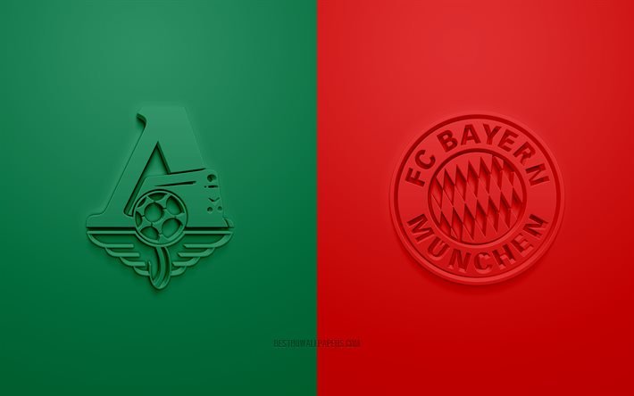 Lokomotiv Moscow vs Bayern Munich, UEFA Champions League, Group A, 3D logos, green red background, Champions League, football match, FC Lokomotiv Moscow, FC Bayern Munich