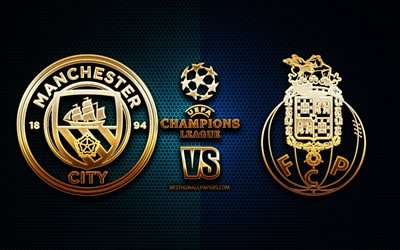 Manchester City vs Porto, sezon 2020-2021, C Grubu, UEFA Şampiyonlar Ligi, metal ızgara arka planlar, altın glitter logosu, FC Porto, Manchester City FC, UEFA