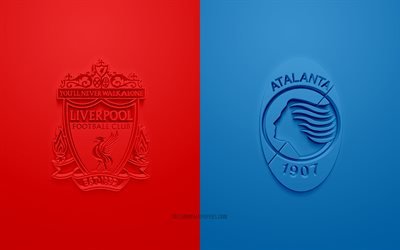 Liverpool FC vs Atalanta, UEFA Champions League, Grupp D, 3D-logotyper, röd blå bakgrund, Champions League, fotbollsmatch, Liverpool FC, Atalanta