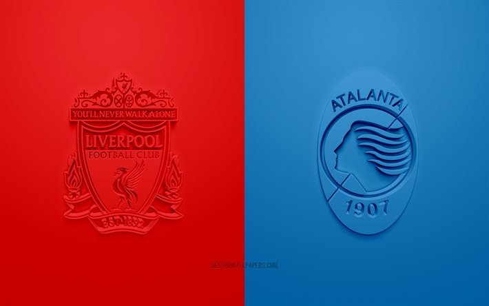 Liverpool FC vs Atalanta, UEFA Champions League, Gruppo D, loghi 3D, sfondo rosso blu, Champions League, partita di calcio, Liverpool FC, Atalanta