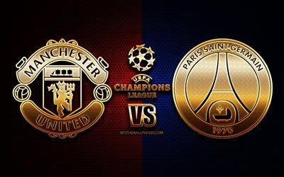 Manchester United vs PSG, sezon 2020-2021, H Grubu, UEFA Şampiyonlar Ligi, metal ızgara arka planlar, altın glitter logosu, Paris Saint-Germain FC, Manchester United FC, UEFA