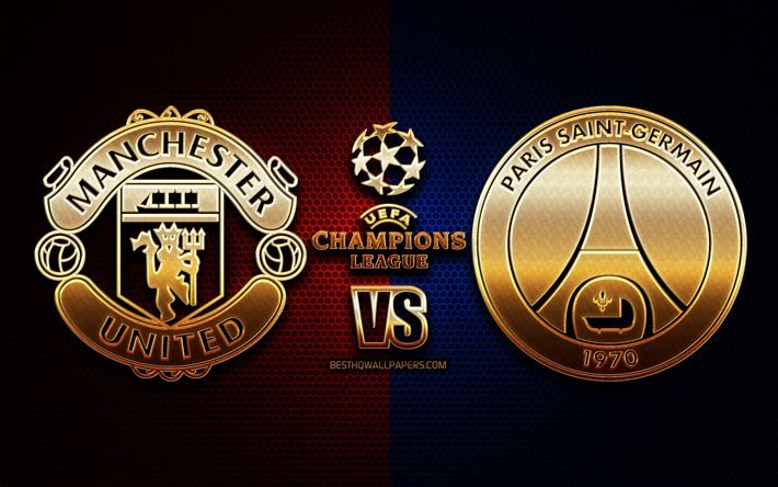 Manchester United vs PSG, sezon 2020-2021, H Grubu, UEFA Şampiyonlar Ligi, metal ızgara arka planlar, altın glitter logosu, Paris Saint-Germain FC, Manchester United FC, UEFA