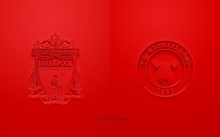 Liverpool FC vs FC Midtjylland, LIGUE des Champions DE L’UEFA, Groupe D, Logos 3D, fond rouge, Ligue des Champions, match de football, Liverpool FC, FC Midtjylland