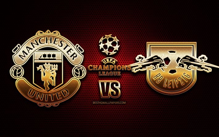 Manchester United vs RB Leipzig, season 2020-2021, Group H, UEFA Champions League, metal grid backgrounds, golden glitter logo, Manchester United FC, RasenBallsport Leipzig, UEFA