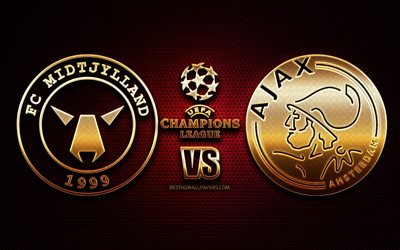 Midtjylland vs Ajax, sezon 2020-2021, D Grubu, UEFA Şampiyonlar Ligi, metal ızgara arka planlar, altın glitter logosu, AFC Ajax, FC Midtjylland, UEFA