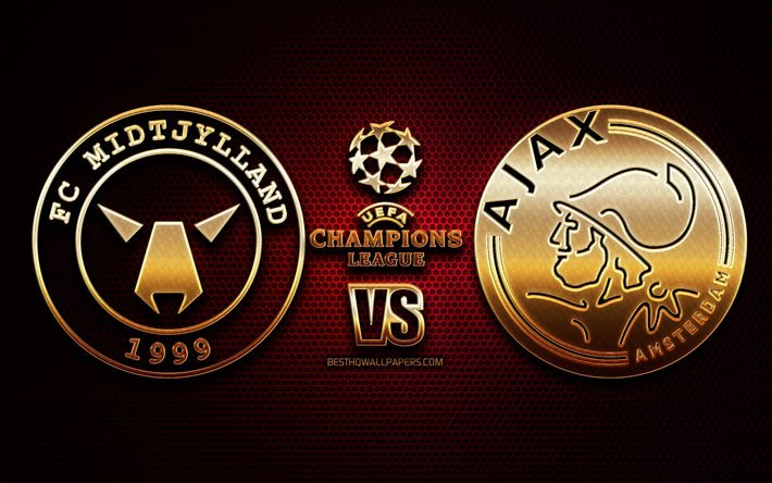 Midtjylland vs Ajax, season 2020-2021, Group D, UEFA Champions League, metal grid backgrounds, golden glitter logo, AFC Ajax, FC Midtjylland, UEFA