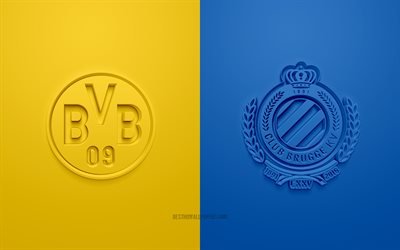 Borussia Dortmund vs Bruges, Ligue des Champions de l’UEFA, Groupe F, logos 3D, fond bleu jaune, Ligue des Champions, match de football, Bruges, Borussia Dortmund