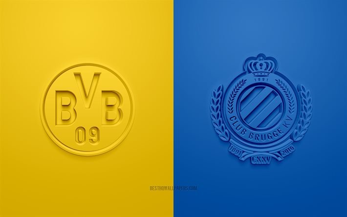 Borussia Dortmund vs Bruges, Ligue des Champions de l’UEFA, Groupe F, logos 3D, fond bleu jaune, Ligue des Champions, match de football, Bruges, Borussia Dortmund
