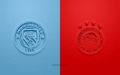 Manchester City FC vs Olympiacos, UEFA Champions League, Groupe С, logos 3D, fond rouge bleu, Ligue des Champions, match de football, Manchester City FC, Olympiacos