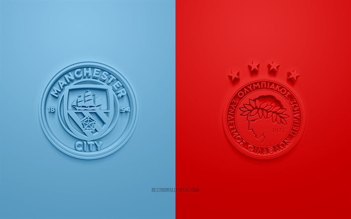 Manchester City FC vs Olympiacos, UEFA Champions League, Groupe С, logos 3D, fond rouge bleu, Ligue des Champions, match de football, Manchester City FC, Olympiacos