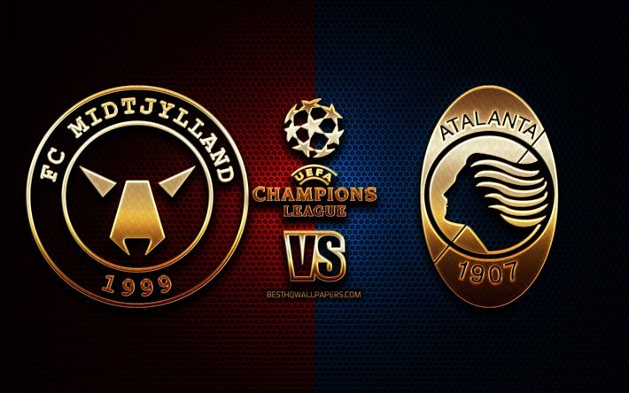 Midtjylland vs Atalanta, stagione 2020-2021, Gruppo D, UEFA Champions League, sfondi griglia metallica, logo glitter d&#39;oro, Atalanta BC, FC Midtjylland, UEFA