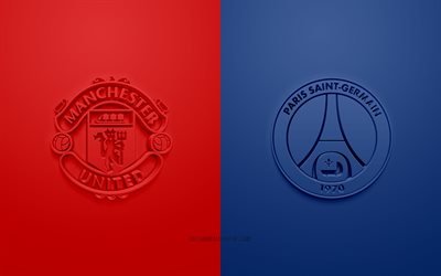Manchester United vs PSG, UEFA Champions League, Group H, 3D logos, red blue background, Champions League, football match, Manchester United FC, Paris Saint-Germain