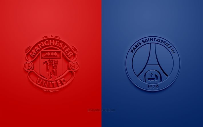Manchester United vs PSG, UEFA Champions League, Grupp H, 3D-logotyper, r&#246;d bl&#229; bakgrund, Champions League, fotbollsmatch, Manchester United FC, Paris Saint-Germain