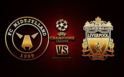 Midtjylland vs Liverpool, season 2020-2021, Group D, UEFA Champions League, metal grid backgrounds, golden glitter logo, Liverpool FC, Midtjylland FC, UEFA