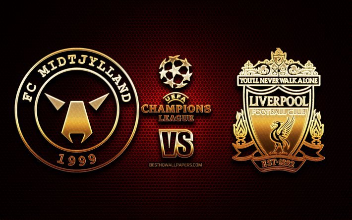 Midtjylland vs Liverpool, sezon 2020-2021, D Grubu, UEFA Şampiyonlar Ligi, metal ızgara arka planlar, altın glitter logosu, Liverpool FC, Midtjylland FC, UEFA