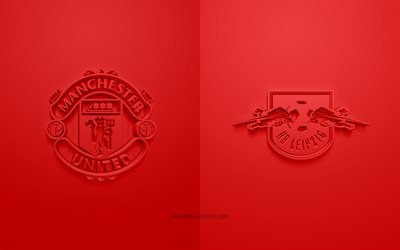 Manchester United vs RB Leipzig, UEFA Champions League, Groupe H, logos 3D, fond rouge, Ligue des Champions, match de football, Manchester United FC, RB Leipzig