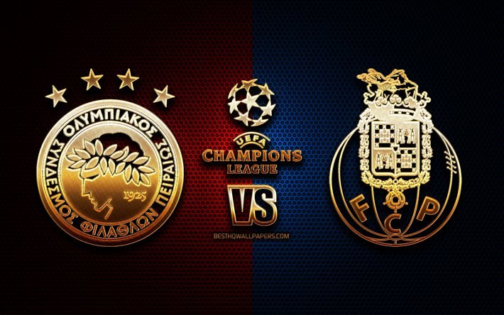 Olympiakos Pire vs Porto, sezon 2020-2021, Grup C, UEFA Şampiyonlar Ligi, metal ızgara arka planlar, altın glitter logosu, FC Porto, Olympiacos Pire FC, UEFA