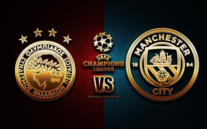 Olympiacos Pire vs Manchester City, sezon 2020-2021, C Grubu, UEFA Şampiyonlar Ligi, metal ızgara arka planlar, altın glitter logosu, Olympiacos Pire FC, Manchester City FC, UEFA