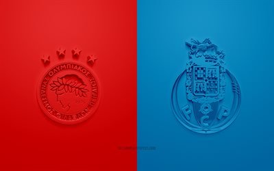 Olympiacos vs FC Porto, UEFA Champions League, Group С, 3D logos, blue red background, Champions League, football match, FC Porto, Olympiacos