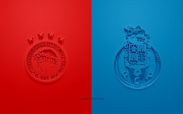 Olympiacos vs FC Porto, LIGUE DES CHAMPIONS DE L’UEFA, Groupe С, Logos 3D, fond rouge bleu, Ligue des Champions, match de football, FC Porto, Olympiacos
