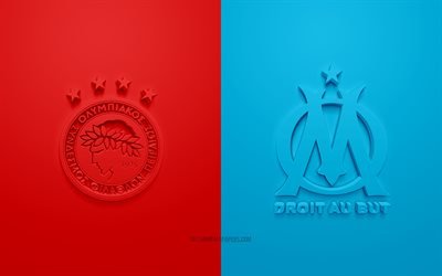 Olympiacos vs Olympique de Marseille, UEFA Champions League, Group С, 3D logos, red blue background, Champions League, football match, Olympique de Marseille, Olympiacos