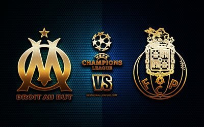 Olympique Marsilya vs Porto, sezon 2020-2021, C Grubu, UEFA Şampiyonlar Ligi, metal ızgara arka planlar, altın glitter logosu, FC Porto, Olympique Marsilya FC, UEFA