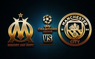 Olympique Marsilya vs Manchester City, sezon 2020-2021, C Grubu, UEFA Şampiyonlar Ligi, metal ızgara arka planlar, altın glitter logosu, Olympique Marsilya FC, Manchester City FC, UEFA