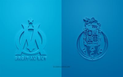 Olympique de Marseille vs FC Porto, UEFA Champions League, Group С, 3D logos, blue background, Champions League, football match, Olympique de Marseille, FC Porto