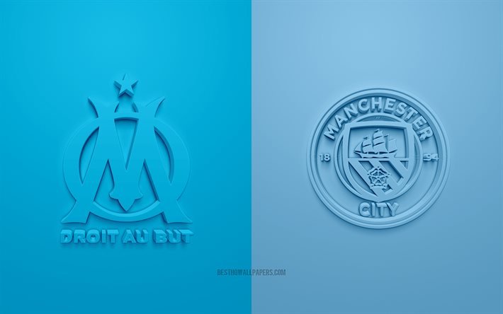 Olympique de Marseille vs Manchester City, UEFA Champions League, Group С, 3D logos, blue background, Champions League, football match, Manchester City FC