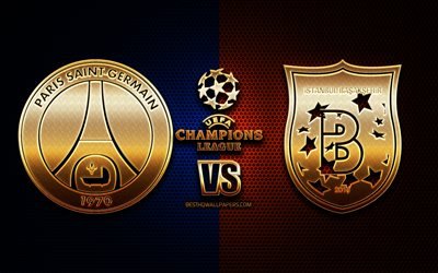 PSG vs Istanbul Basaksehir, season 2020-2021, Group H, UEFA Champions League, metal grid backgrounds, golden glitter logo, Istanbul Basaksehir FK, Paris Saint-Germain FC, UEFA