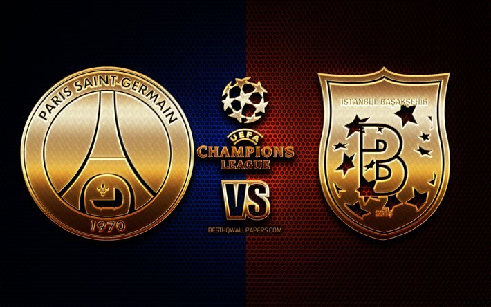 PSG vs Istanbul Basaksehir, kausi 2020-2021, Group H, UEFA Champions League, metalliruudukkotaustat, kultainen glitter-logo, Istanbul Basaksehir FK, Paris Saint-Germain FC, UEFA