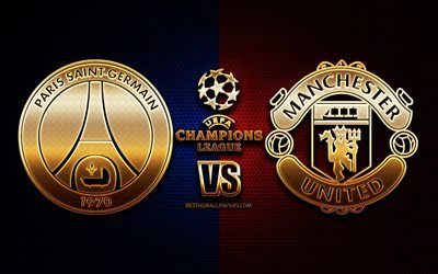 PSG vs Manchester United, season 2020-2021, Group H, UEFA Champions League, metal grid backgrounds, golden glitter logo, Paris Saint-Germain FC, Manchester United FC, UEFA