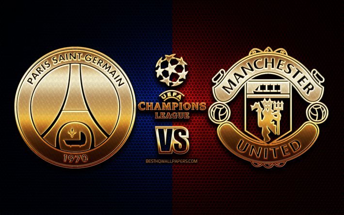 PSG vs Manchester United, sezon 2020-2021, H Grubu, UEFA Şampiyonlar Ligi, metal ızgara arka planlar, altın glitter logosu, Paris Saint-Germain FC, Manchester United FC, UEFA