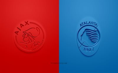Ajax Amsterdam vs Atalanta, UEFA Champions League, Group D, 3D logos, red-blue background, Champions League, football match, AFC Ajax, Atalanta