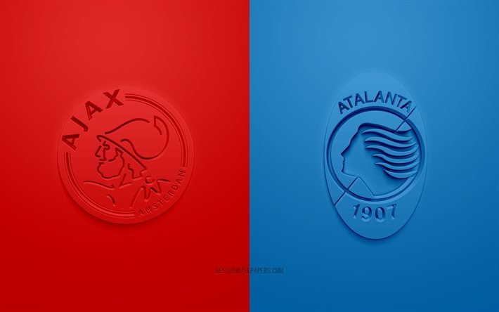Ajax Amsterdam vs Atalanta, UEFA Champions League, Gruppo D, loghi 3D, sfondo rosso-blu, Champions League, partita di calcio, AFC Ajax, Atalanta