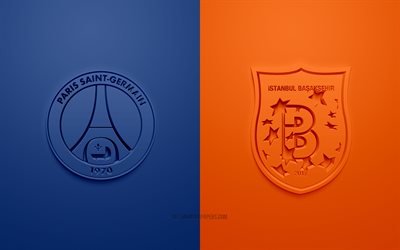 PSG - İstanbul Başakşehir, UEFA Şampiyonlar Ligi, H Grubu, 3D logolar, mavi turuncu arka plan, Şampiyonlar Ligi, futbol ma&#231;ı, Paris Saint-Germain, İstanbul Başakşehir