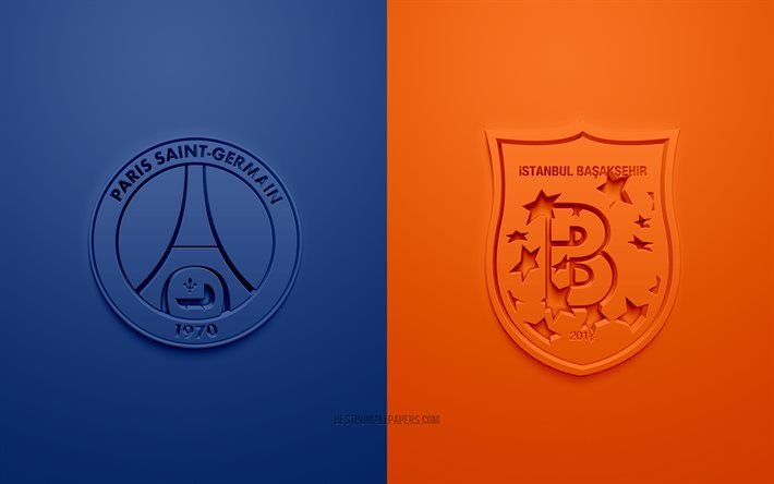 PSG vs Istanbul Basaksehir, Ligue des Champions DE L’UEFA, Groupe H, logos 3D, fond orange bleu, Ligue des Champions, match de football, Paris Saint-Germain, Istanbul Basaksehir