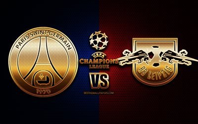 PSG vs RB Leipzig, sezon 2020-2021, H Grubu, UEFA Şampiyonlar Ligi, metal ızgara arka planlar, altın glitter logosu, Paris Saint-Germain FC, RasenBallsport Leipzig, UEFA