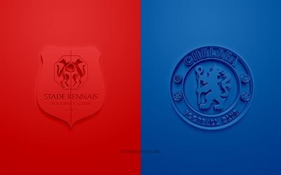 Stade Rennais vs Chelsea FC, UEFA Şampiyonlar Ligi, E Grubu, 3D logolar, kırmızı mavi arka plan, Şampiyonlar Ligi, futbol ma&#231;ı, FC Stade Rennais, Chelsea FC