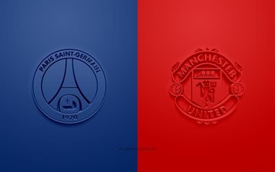 PSG vs Manchester United FC, UEFA Şampiyonlar Ligi, H Grubu, 3D logolar, mavi kırmızı arka plan, Şampiyonlar Ligi, futbol ma&#231;ı, Paris Saint-Germain, Manchester United FC