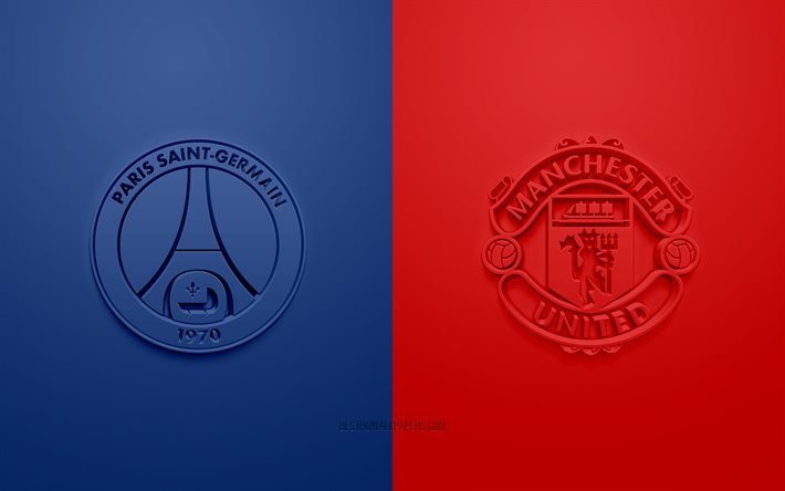 PSG vs Manchester United FC, LIGUE DES CHAMPIONS DE L’UEFA, Groupe H, Logos 3D, fond rouge bleu, Ligue des Champions, match de football, Paris Saint-Germain, Manchester United FC